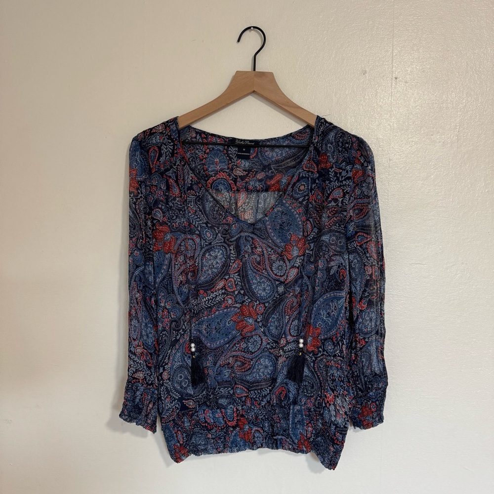 Lucky Brand Blue and Red Sheer Paisley Blouse size Medium